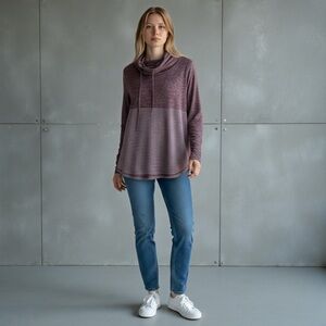 Pink Clover Cowl Neck Pullover Sweater, Large, Burgundry Colorblock, Soft & Cozy